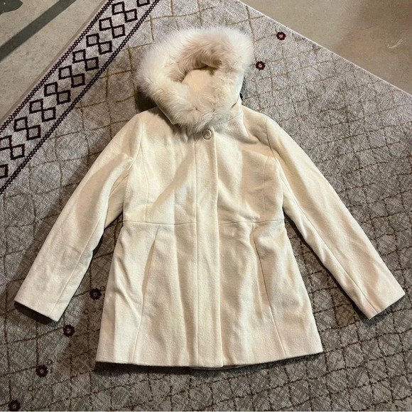 Sachi Collection Cream Lambswool Jacket Coat Fox Fur Women’s Size M Hood Pockets - Picture 1 of 12